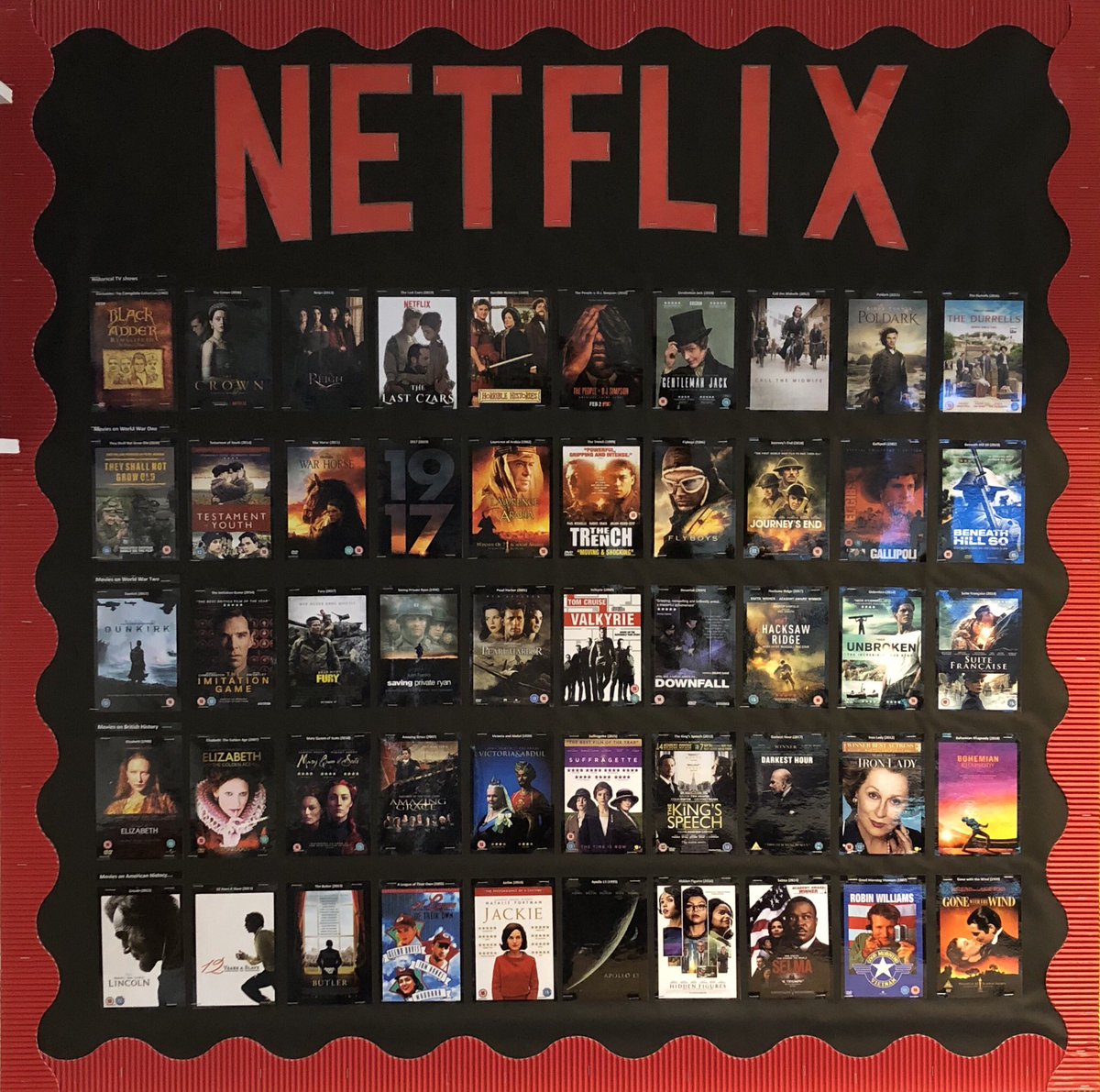 Sharkey_History's tweet photo. And there it is! The #HistoryThroughNetflix display. Covering #WW1 #WW2 #TVShows #AmericanHistory #BritishHistory but I couldnβt fit Nazi Germany or Tudors on π #DisplaySeason #TeacherLife https://t.co/TDRNVGQOPe