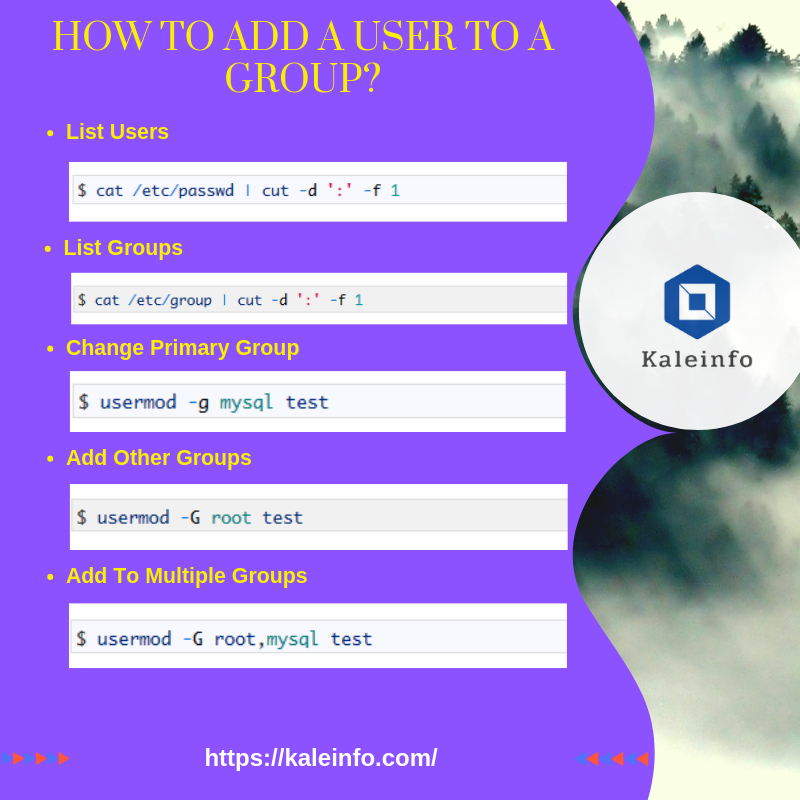 KaleInfoSec's tweet photo. How To Add A User To A Group? #linux #group #user #etc #usermod #linux list #shell #account #addgroup #groupadd https://t.co/UWeNXfYSiF https://t.co/tFdQuw1RFc