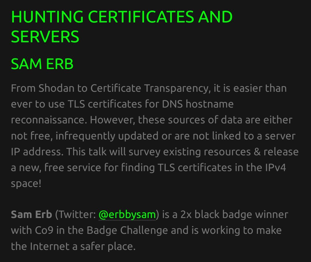 Interested in DNS reconnaissance? Want to hear an awesome <a href="/1o57/">LostboY 1057</a> <a href="/TheCouncilOf9/">Council of 9</a> badge challenge story? This will be a talk you will not want to miss!
Friday 230pm, PHV <a href="/defcon/">DEF CON</a> <a href="/wallofsheep/">wallofsheep</a>