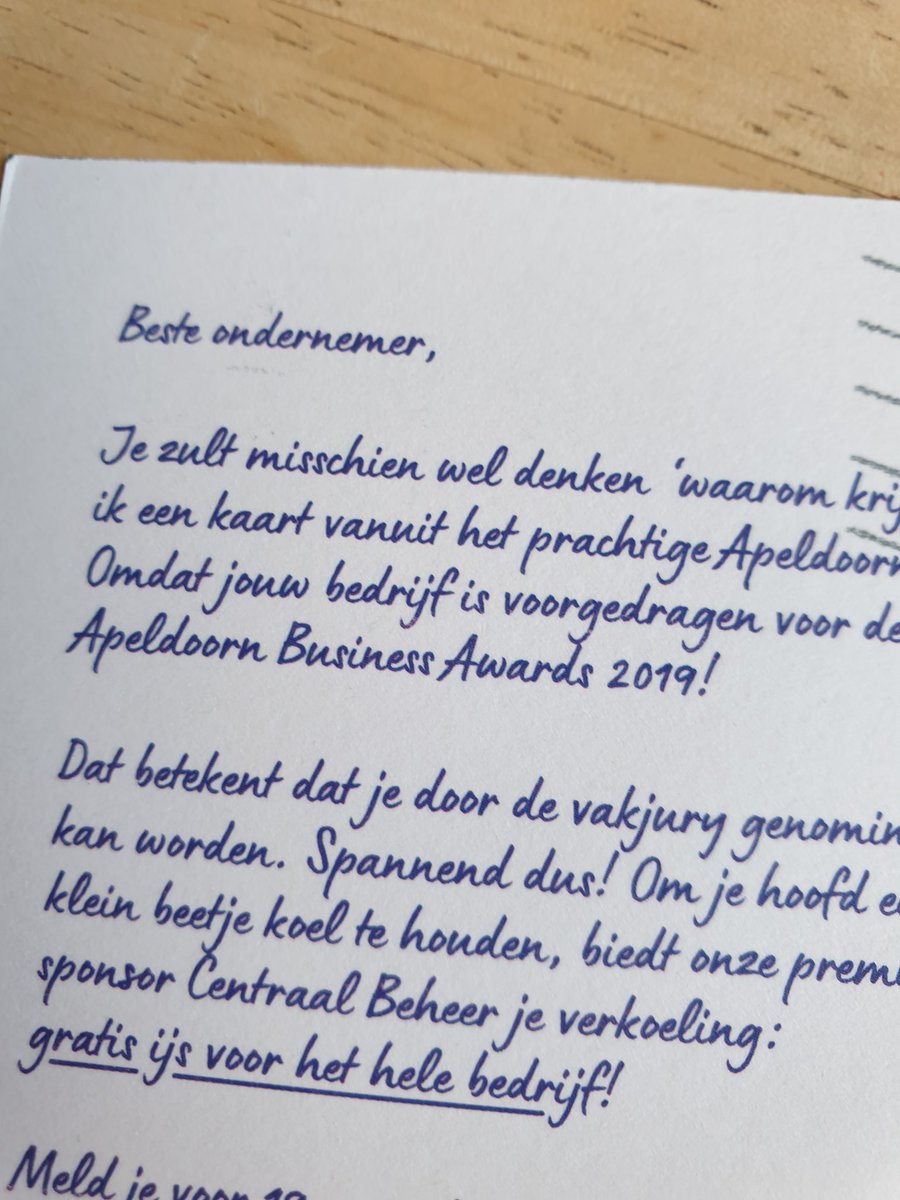 Wat een mooie voordracht #ApeldoornBusinessAwards2019 en super leuke actie samen met #CentraalBeheer ! Dank jullie wel...dat ijsje lusten we zeker wel! #Trots #MeesterlijkGeschikt #Samensterk