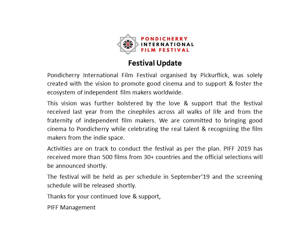 pondyfilmfest's tweet photo. PIFF 2019 official selections to be announced soon. Pls read the update.
@CMPuducherry @pondytourism @FranceinPondi @afpondy @AurovilleRadio @bonjourpondi @IFInde @PondiUniVC @ifp_india @Pickurflick 
#Pondyfilmfest https://t.co/ToFhBAGAPD
