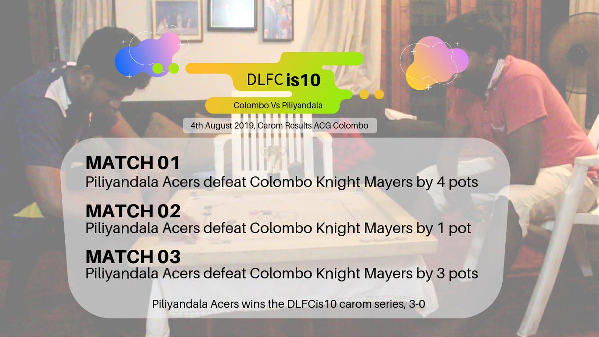 dlfc_cor's tweet photo. Here are the carom results, Piliyandala Acers won the series and whitewashed it. This is the first time in 6 years that PA won a tournament. #Piliyandala https://t.co/XErllBQOW5