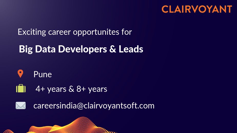 teamclairvoyant's tweet image. We have exciting opportunities for Big Data Developers and Leads. Send in your applications to careersindia@clairvoyantsoft.com or apply here clairvoyantsoft.com/careers/
#Bigdatajobs #bigdatadevelopers #spark #scala #kafka