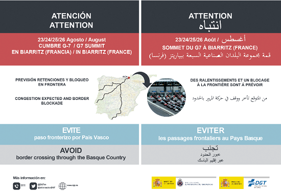 DGTes's tweet image. Con motivo de Cumbre #G7 #DGT insta a evitar entrada a #Francia por #Euskadi 23-26 agosto. Se prevén retenciones y bloqueo en frontera de #Irún Pasos fronterizos afectados: Behobia, Biriatou #AP8; Puente de Santiago #NI y Dantxarinea #N121-B en dirección a #Francia @trafikoaEJGV