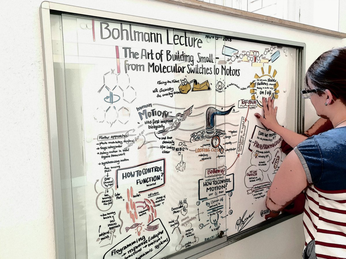 Finally putting up the great drawing by @scivisto of the 2018 #BohlmannLecture by Ben Feringa @FeringaLab. Makes our entrance much more colorful. What a way to present science! 
Looking forward to the 2019 lecturer Hiraoki Suga (#cyclicpeptides) on nov 15th @TUBerlin !