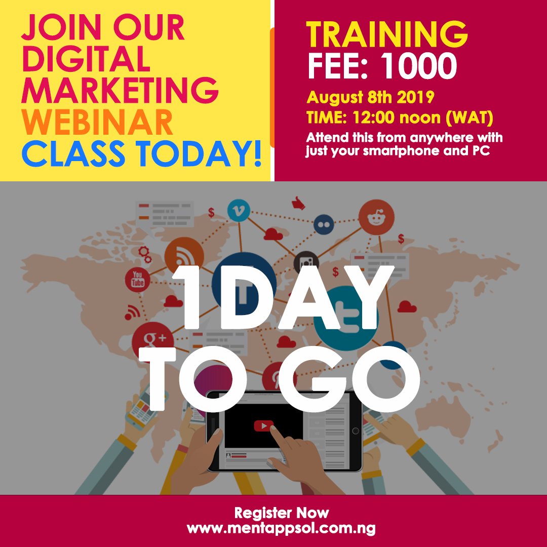 MenTapps's tweet photo. 1Day to go
....
....
....
Don’t miss the opportunity to get hands-on skill on digital marketing. Even at the comfort of your home.
Register here 
https://t.co/ZlnkZoovGU
Training fee: 1000 Naira only
Live broadcast. https://t.co/1c5H3JKL75