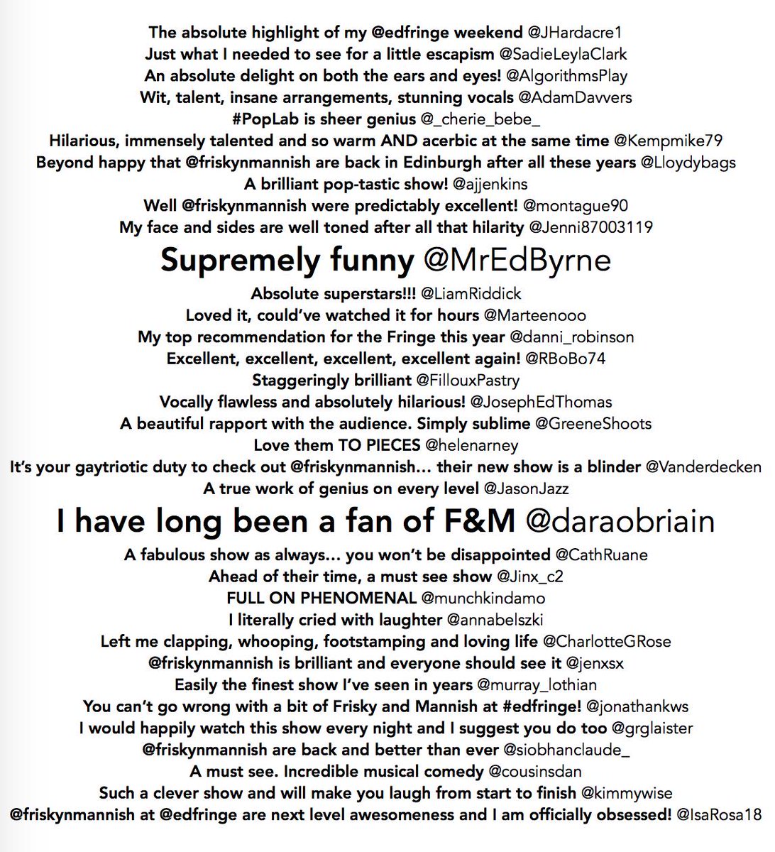friskynmannish's tweet photo. Just a few of the things you've been saying on here since we launched #PopLab at @AssemblyFest @edfringe #makeyourfringe 🙌 https://t.co/xwpMc1stJr