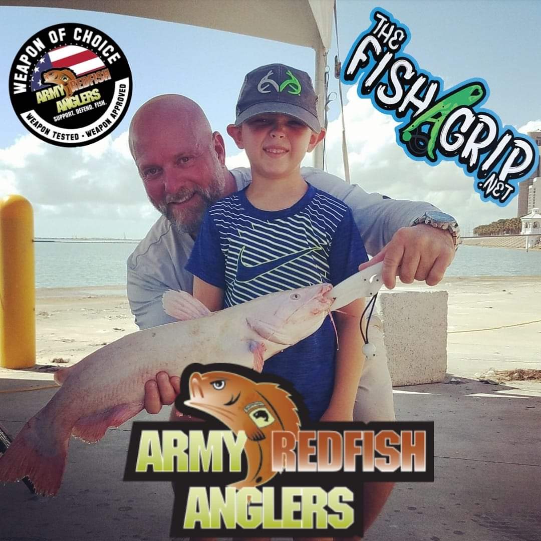 Yup he's albino and this kid was stoked!! HOOAH!! #ARMYREDFISHANGLERS #fishgrip #albinocat #catfish #saltwater #onthewater #saltlife #fish #tackle #boat #winning #redfish #bait #kidsfishing #raisemright #kids #KidsDeserveIt