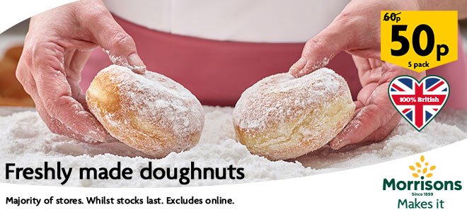 Morrisons's tweet photo. Itβs time for a mid-week treat. Our fresh, made in store doughnuts are now 50p for 5. Weβve got salted caramel, sugar ring, custard, gingerbread, apple, strawberry and of course raspberry to choose from.
#doughnuts #offers #morrisonsmakesit #marketstreet
https://t.co/T9lzBm6atY https://t.co/yE0wqbSntU