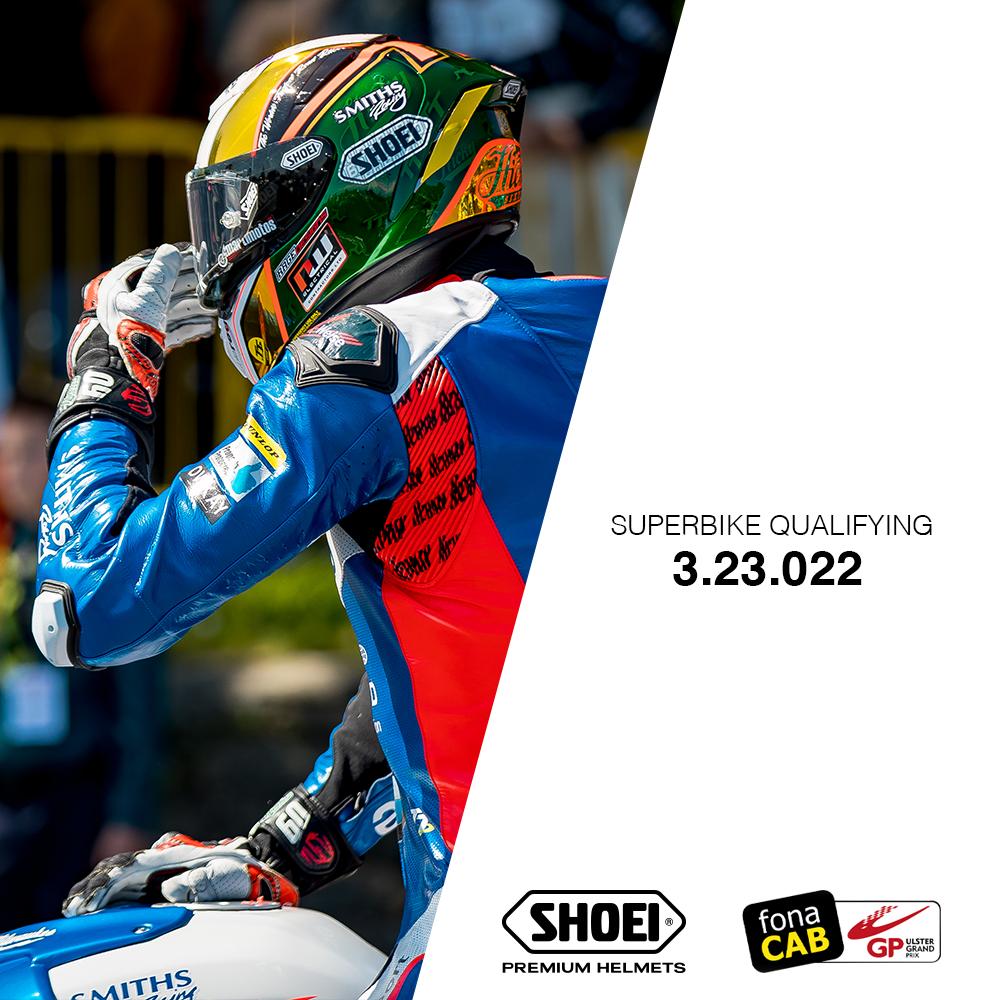 ShoeiHelmetsUK's tweet photo. @peterhickman60 has set the pace in the first superbike qualifying session at the @UlsterGrandPrix, leading the practice with a lap of 3.23.022 just before the session unfortunately got red flagged due to bad weather conditions. #itsakingthing https://t.co/JAlGtqSKxs