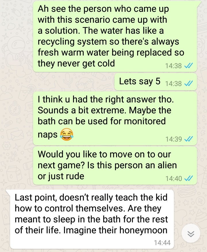 ninanezbitch's tweet photo. Fun long distance date ideas. Playing @AllisonRaskin's hypotheticals with your unsuspecting partner #pissbath https://t.co/rHW3yovc4I
