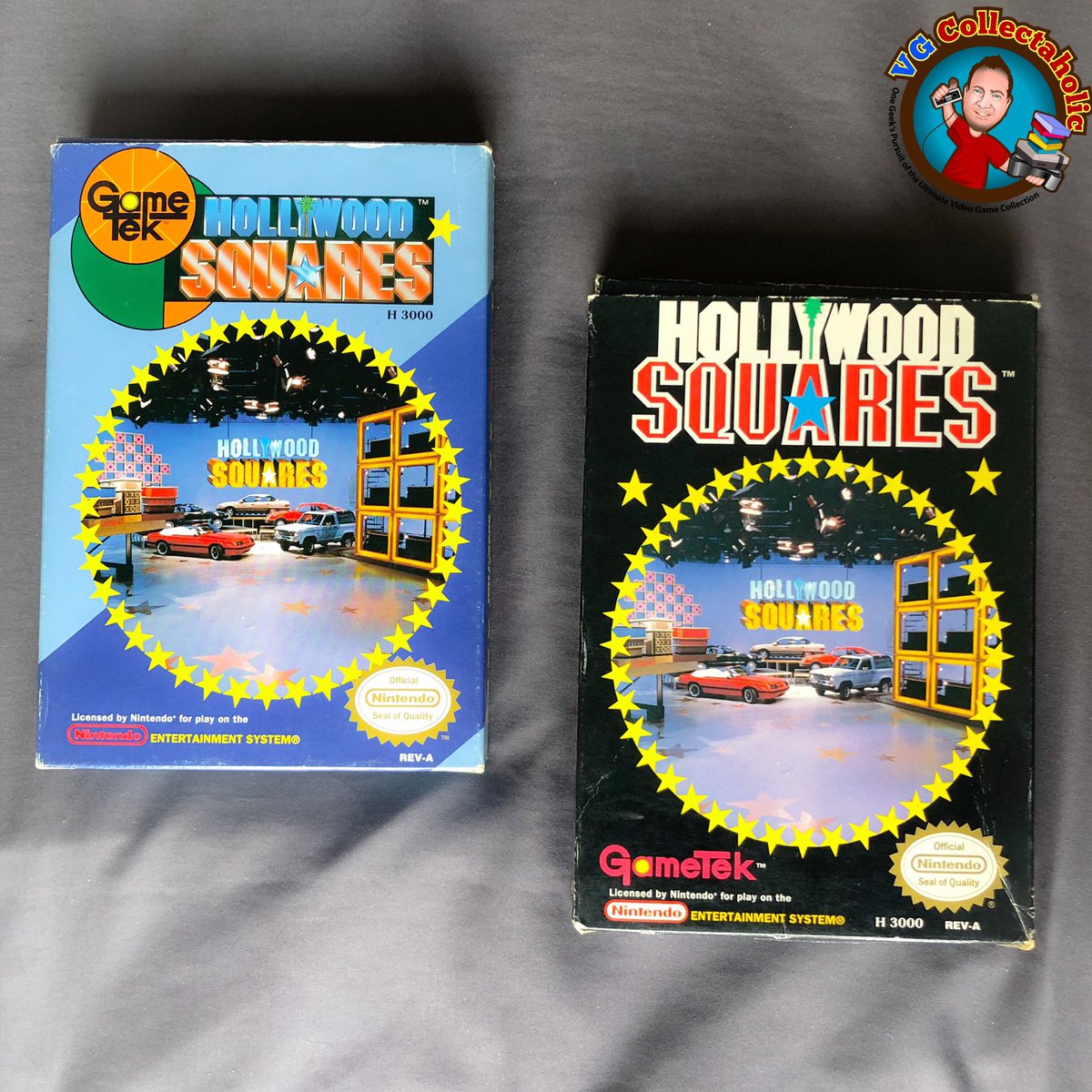 VGCollectaholic's tweet photo. A recent ep of @travplaysgames’ #NESFriend talked about the glut of game show games on NES. It got me thinking about Hollywood Squares, which piles on by having two major variants - blue and black box.
Based on looks, I always thought black was the original, but it’s not. https://t.co/lDlG3vJghK