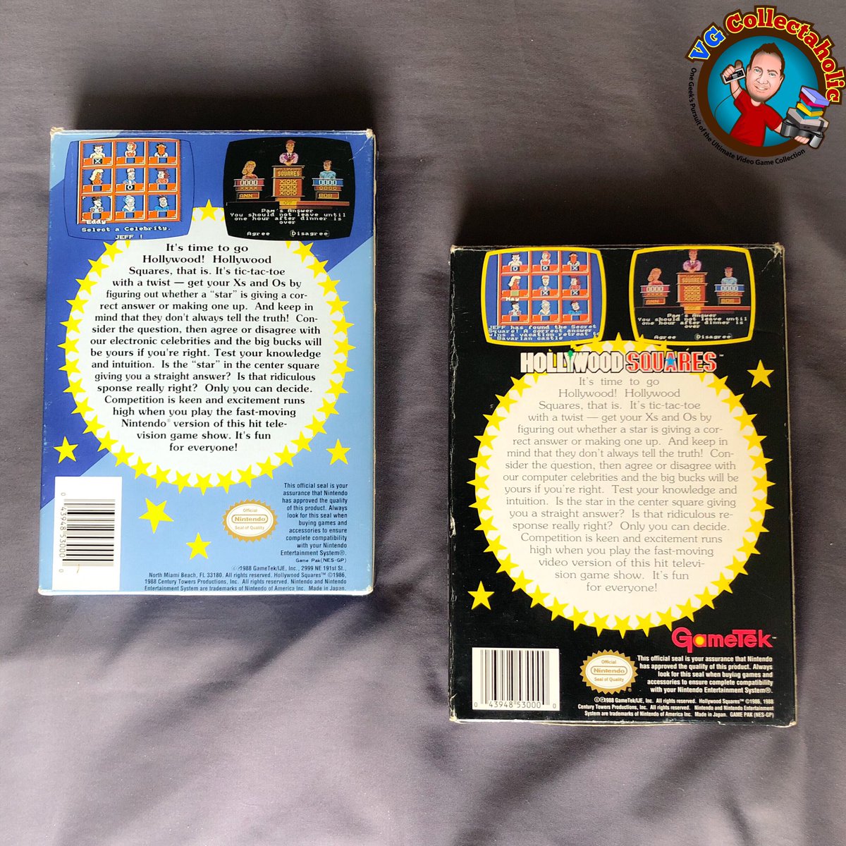 VGCollectaholic's tweet photo. A recent ep of @travplaysgames’ #NESFriend talked about the glut of game show games on NES. It got me thinking about Hollywood Squares, which piles on by having two major variants - blue and black box.
Based on looks, I always thought black was the original, but it’s not. https://t.co/lDlG3vJghK