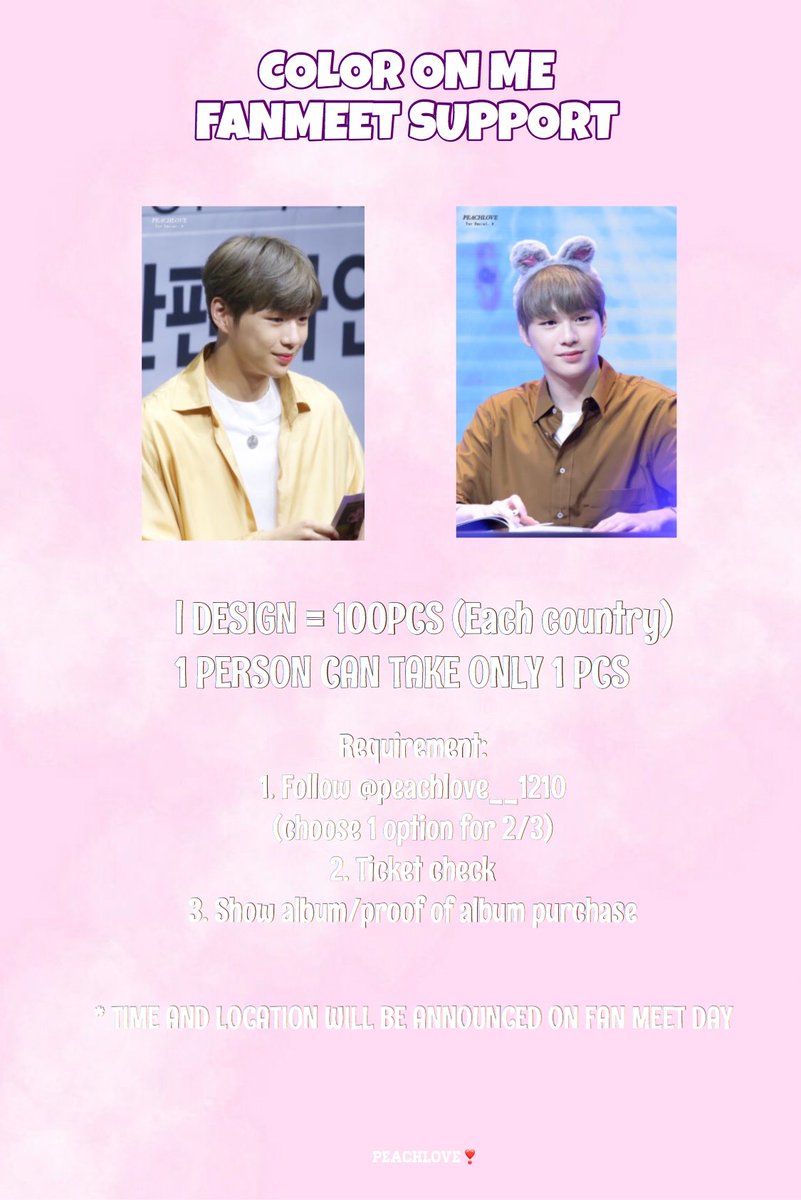 peachlove__1210's tweet photo. ℂ𝕆𝕃𝕆ℝ 𝕆ℕ 𝕄𝔼 𝔽𝔸ℕ𝕄𝔼𝔼𝕋 𝕊𝕌ℙℙ𝕆ℝ𝕋
〰️
I will be giving free postcards on fanmeet for different countries. Plz check the notice for more information. See you☺️❣️

#강다니엘 #KangDaniel #ColorOnMe https://t.co/XdkTHh5Ezh