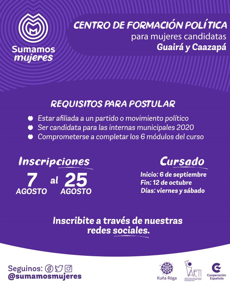 sumamosderechos's tweet photo. ➡️➡️ Atención futuras candidatas a las elecciones internas en #Guairá y #Caazapá 💪

¡Están abiertas las postulaciones para el Centro de Formación Política! 📢📢

Te invitamos a leer los requisitos y a postular completando este formulario 🖊 https://t.co/pBITIjqxhR https://t.co/4nCh9MrlX0