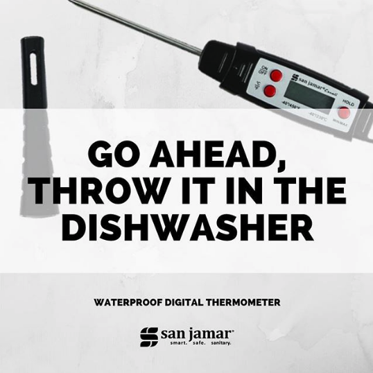 The San Jamar waterproof digital thermometer displays accurate cooking and serving temperatures and is ideal for temping commercial dishwashers. 

Learn more or buy one today - sanjamar.com/product/waterp…