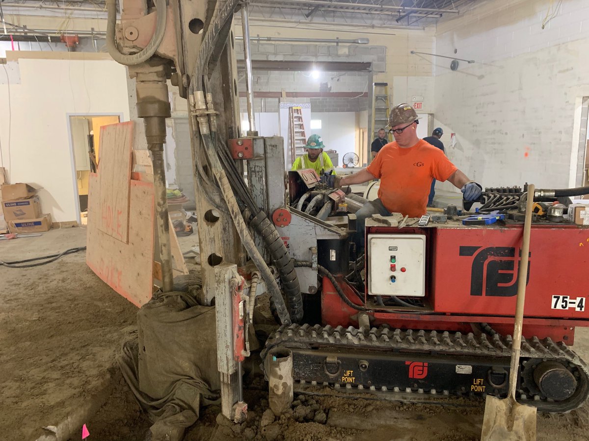 cgsgeotech's tweet photo. We have the right equipment to adapt to challenging work environments. Driving #minipiles with low headroom using our @teirockdrills drill at a Pennsylvania hospital is a prime example. https://t.co/TC6139seW0