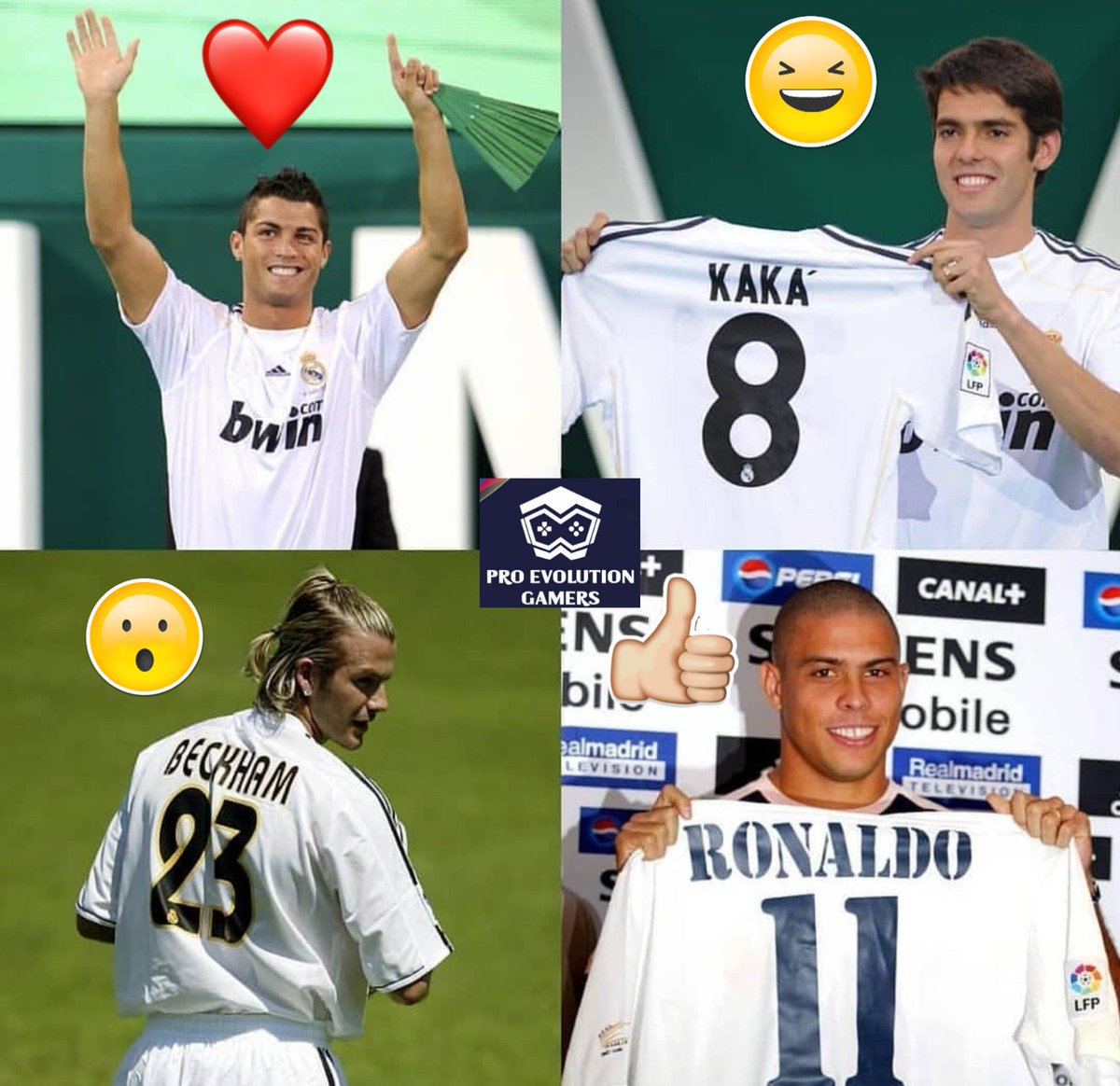 ProEvolutionG's tweet photo. 🤔🤔🤔🤔🤔

Buenos dias señores, comenzaremos con las polémicas.

¿Cual fue el mejor presentación?

Comenta con un Emoji:
#cr7 #kaka #beckham #ronaldo
@Ronaldo
@KAKA
@Cristiano
⬇️⬇️⬇️⬇️⬇️⬇️⬇️⬇️ https://t.co/mRevtHHCRu