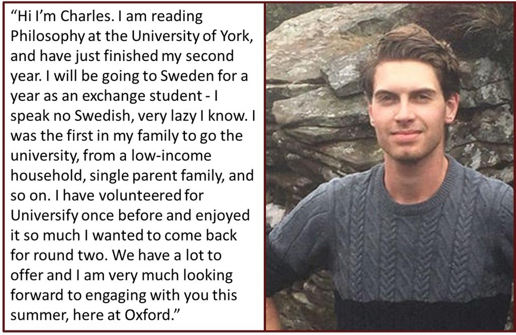 UniversifyEdu's tweet photo. "Hi, I'm Charles..." 😄 Charles is our #Universify Group Leader for next weeks summer course at Jesus college! 
.

.
#universify2019 #summercourses #summerschool #summer2019 #educationalequality #universifyeducation #oxforduni #oxford #wideningparticipation #universityoutreach https://t.co/g7LiDLbq5O