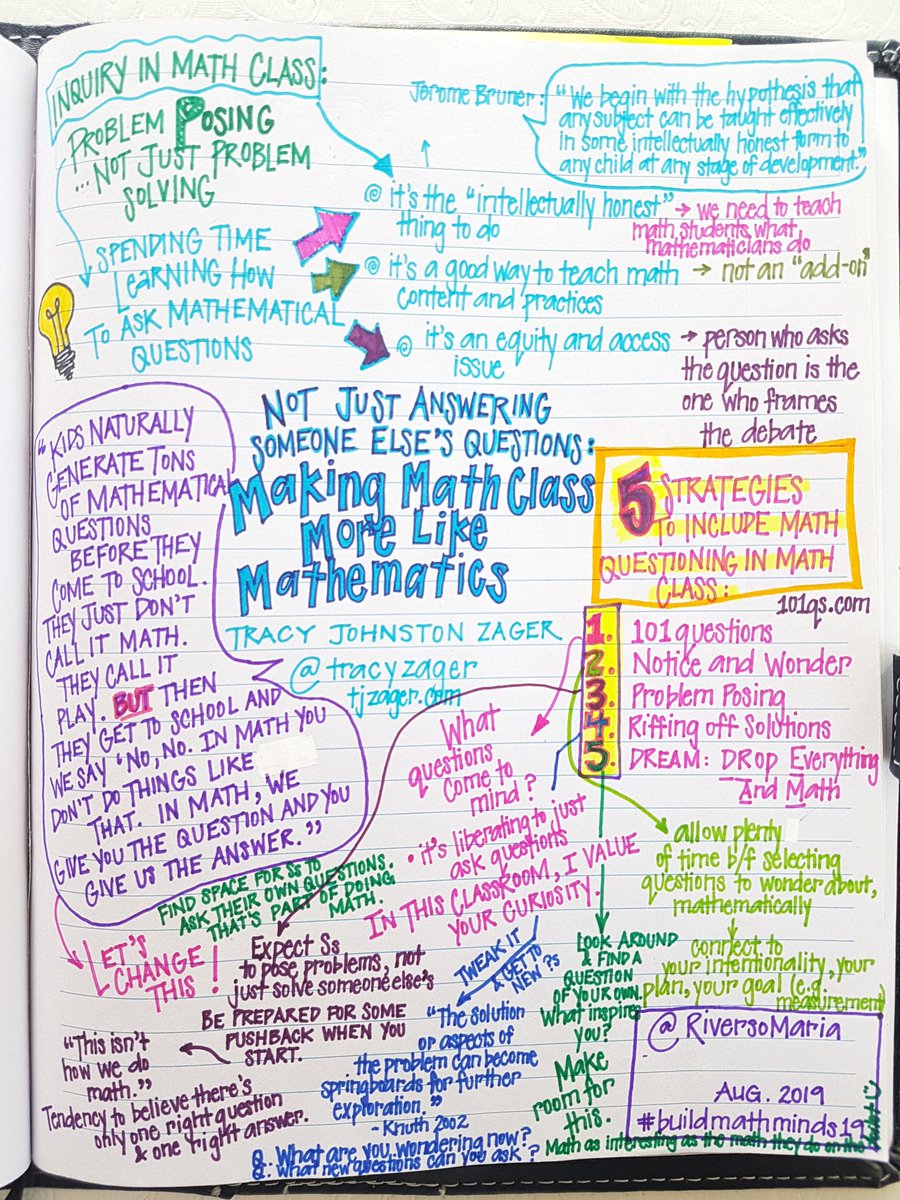 RiversoMaria's tweet photo. Got back into my math groove 😉 w/ @TracyZager & her #buildmathminds19 session. Thank you Tracy.
👇 A few notes. Check out some strategies for creating space for Ss to ask their own questions in math class. That's part of doing math! #sketchnote https://t.co/mbQzvgby3e