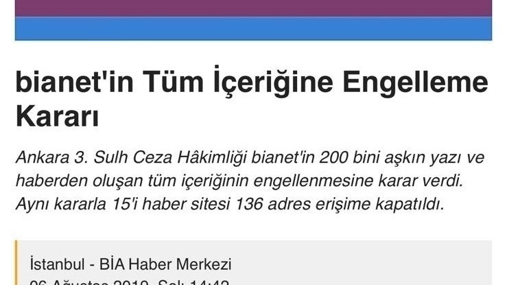 altyazifasikul's tweet photo. Ankara 3. Sulh Ceza Hakimliği, aralarında @bianet_org'in de bulunduğu 136 internet sitesi ve sosyal medya hesabı hakkında erişim engeli kararı aldı. "Bianet Kapatılmasın, Haber Alma Özgürlüğü Kısıtlanamaz" başlıklı imza kampanyası için >> https://t.co/ylPWbDEmIz

#SansüreHayır https://t.co/75eyTeVGvk
