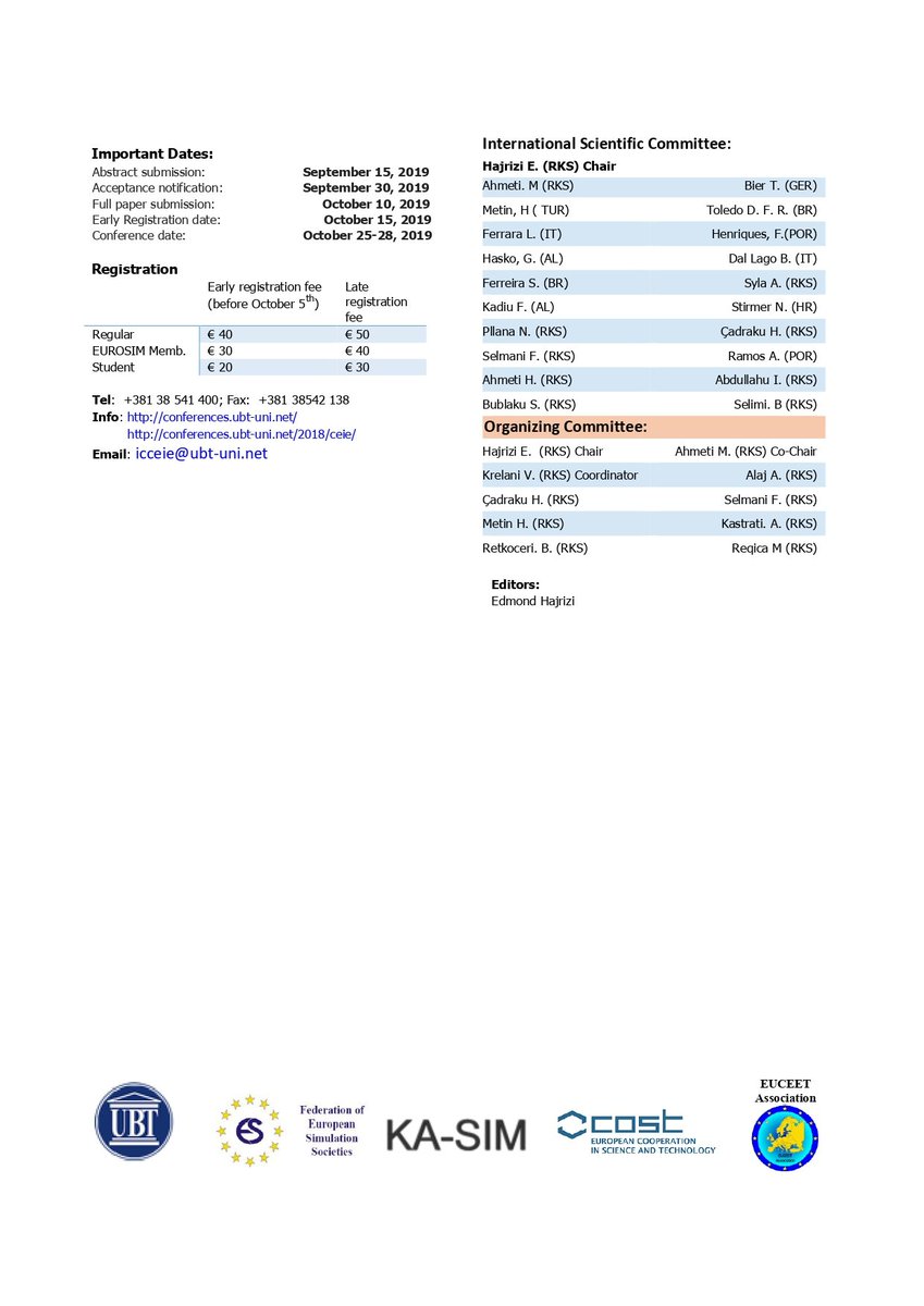ConferenceCivil's tweet photo. #2nd #CallforPapers #abstract #submit #September152019 #Pristina #Kosovo #infrastructure #materials #environment #Structures #Concrete #Bridges #Conferences #international #October #ConferenceCivil #UBT #Europe #Selfhealing #COSTaction #Science #EUCEET #Simulation https://t.co/pdv8beXzt2