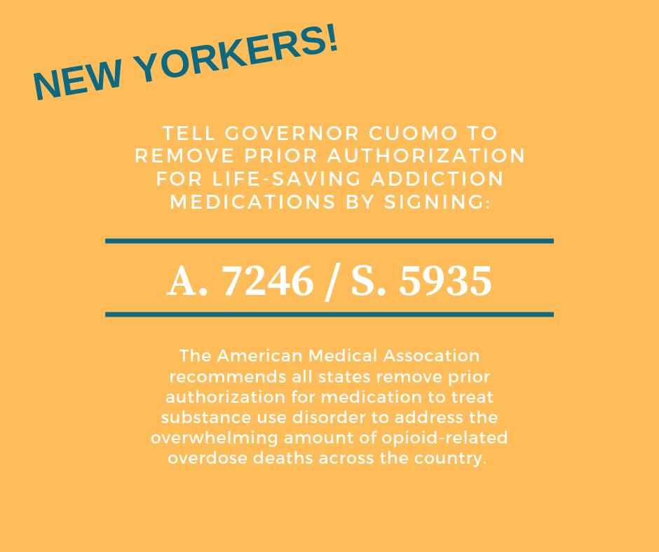 #Medicationassistedtreatment saves lives &amp; there's legislation in NY to help reduce burdensome administrative barriers that keep people from accessing MAT waiting for <a href="/NYGovCuomo/">Archive: Governor Andrew Cuomo</a>'s signature! Send a letter letting him know to sign it ASAP: bit.ly/30ST4ZA #HealthInsurance