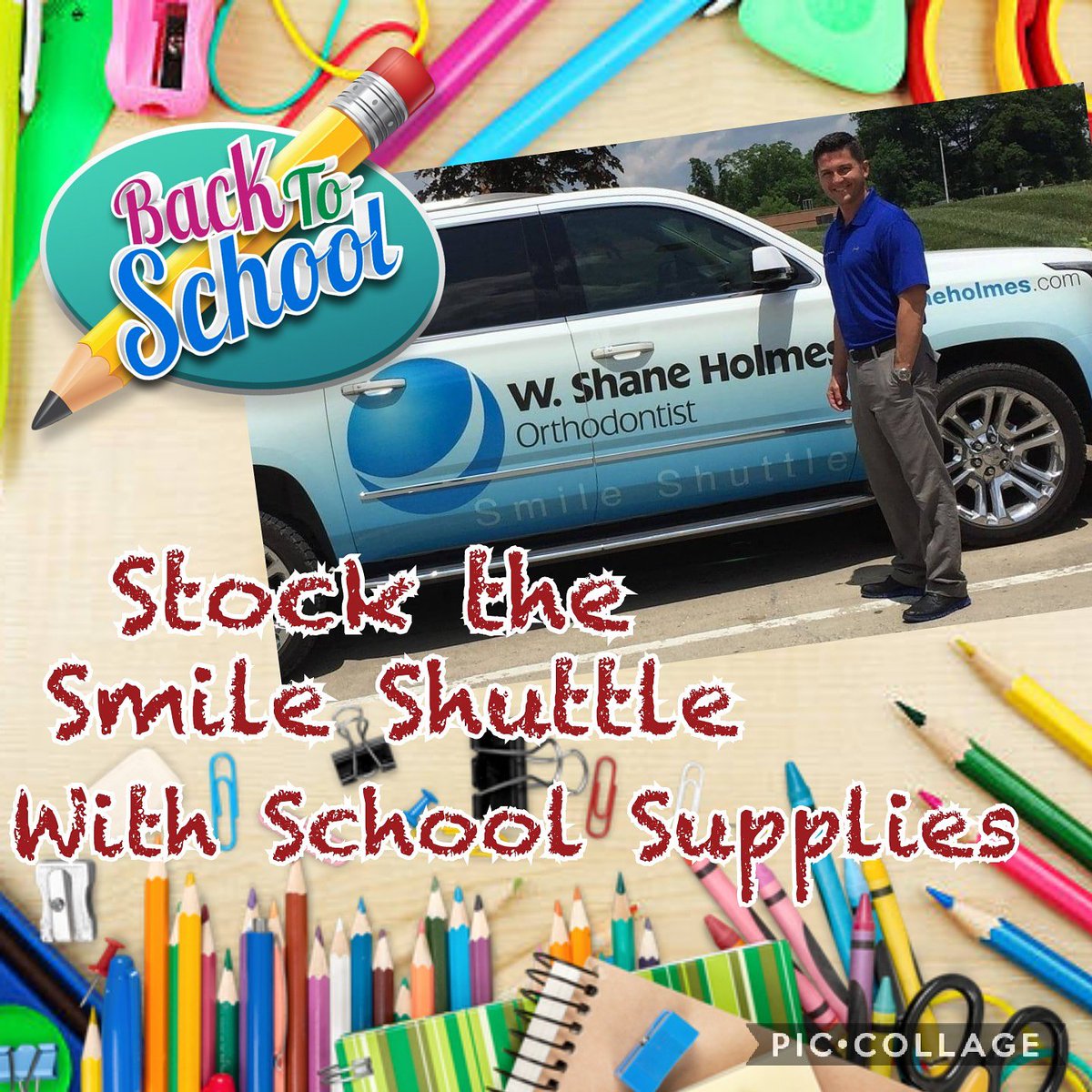 drholmes3672's tweet photo. It's almost back to school time! 📚🍎👨‍🏫👩‍🏫That means it's Holmes Orthodontics "Stock the Smile Shuttle with School Supplies" time! Donate school supplies in August and receive $5 Brace Bucks. We will donate all of the school supplies out into the community soon after school starts https://t.co/XIZN7JQcqN