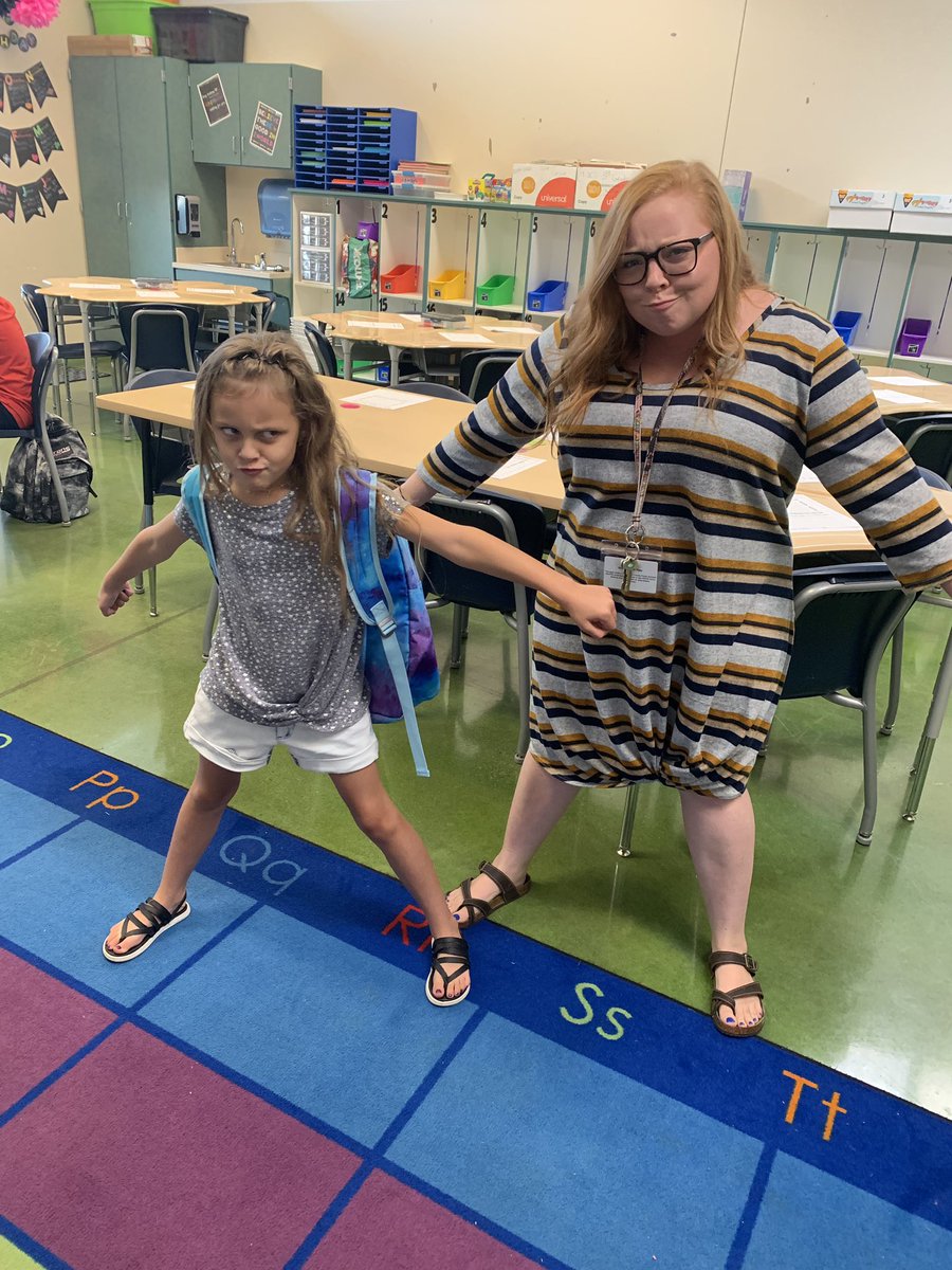 So. I wanted a pic of my sweet girl with her new teacher. My sweet girl does a ridiculous pose. What does her teacher do?  Her teacher decides to match her pose...and facial expression. My family is so lucky to have teachers like this to light the way!! @JRESmclean