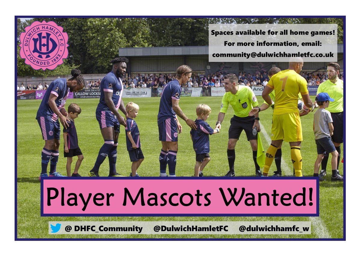 DHFC_Community's tweet photo. Do you know someone that would like to lead the teams out at Champion Hill? We’ve got spaces available for both @DulwichHamletFC Men’s and Women’s home matches. Get in touch! #dhfc 💖💙 https://t.co/LNjxReJqEQ