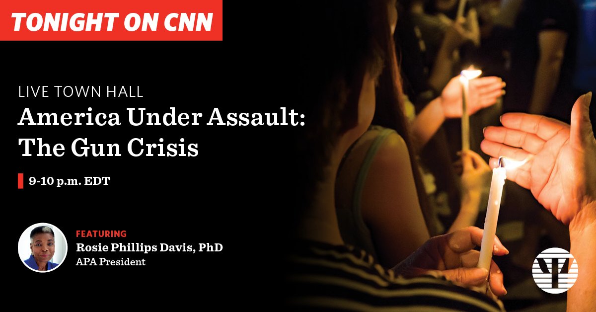 APA's tweet photo. Gun violence is an urgent, complex &amp; multifaceted problem requiring evidence-based, multifaceted solutions: https://t.co/FnOZWQOvAI

Tune in tonight as APA President @TigerBingham discusses the psychological science of gun violence prevention on @CNN's live Town Hall. https://t.co/YlTI2dKb5t