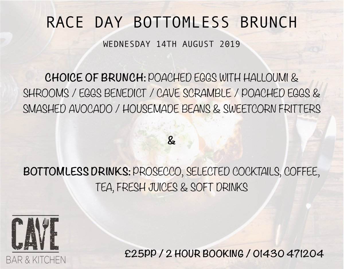 cavebar_rh's tweet photo. Ladies Day Bottomless Brunch 🐎🥂

We're putting on a Bottomless Brunch special to start your Race Day celebrations (or enjoy after).

Book in from 10am until 7pm to enjoy a choice of brunch and unlimited prosecco, cocktails, juices &amp; more🥂🍹🍾

£25pp, 01430 471204 to book📞 https://t.co/pYxBx5KYNK