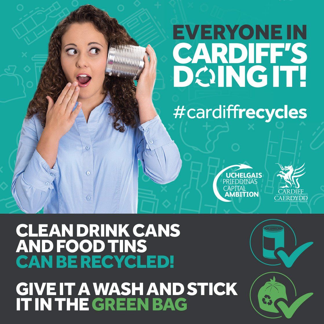 TeamGabalfa's tweet image. Everyone in Cardiff’s Doing It! Clean drink cans and food tins can be recycled. Give it a wash and stick it in the green bag #CardiffRecycles #Cardiff Click here to visit our A-Z of Recycling: buff.ly/2JA21B3
