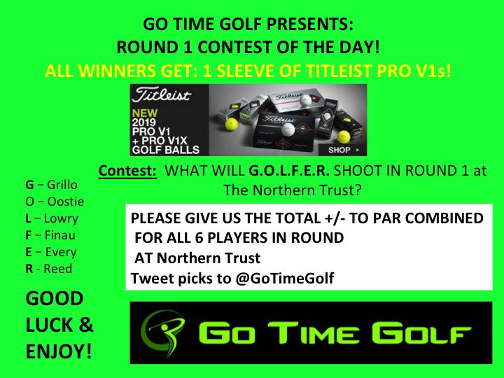 GoTimeGolf's tweet photo. $$ CONTEST TIME $$
Every Correct Prediction Wins
Sleeve of Titleist Pro V1s
Round 1 of Northern Trust
What will G.O.L.F.E.R. Shoot?
See Attached, RT and Tweet us your Score before 1st Tee Time!
#GolfContest #Titleist #GoTimeGolf https://t.co/N0NyHJmeSU