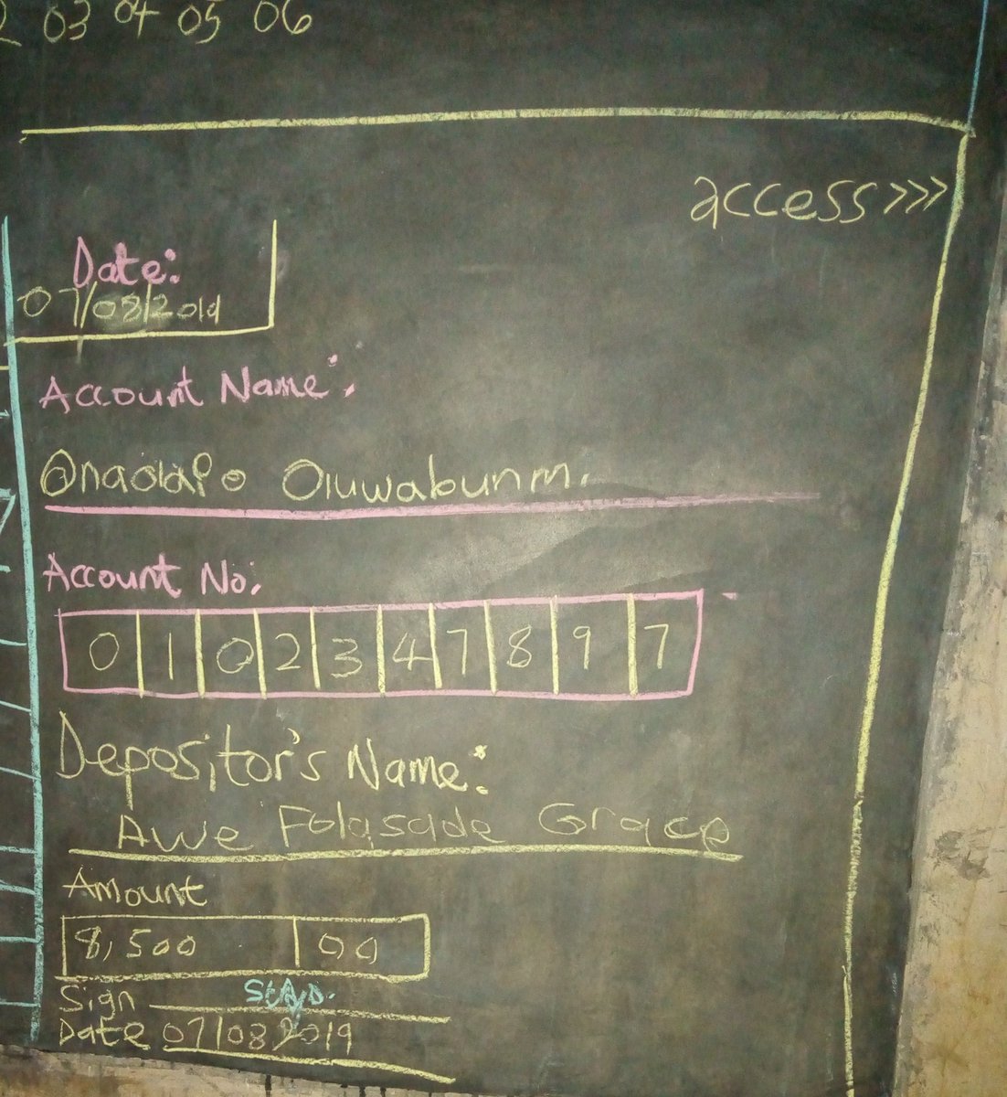 Sameehade's tweet photo. All my students have functional bank accounts but lack the basic knowledge of using the accounts.
Today, they learnt how to fill a bank teller. Using a chalkboard template and some dummy tellers, we had an interesting lesson this evening.
#FreeAdultBasicLiteracyClass https://t.co/krQ0peJCEI