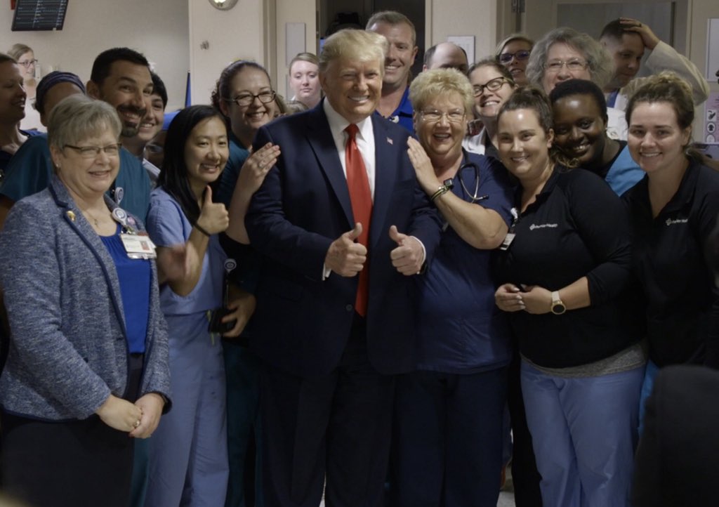 Scavino45's tweet image. President @realDonaldTrump with the incredible medical staff at Miami Valley Hospital in Dayton, Ohio today. Some extremely powerful moments throughout the entire visit, with so much enthusiasm and love, contrary to what the Trump Hating Dems would ever share or say.