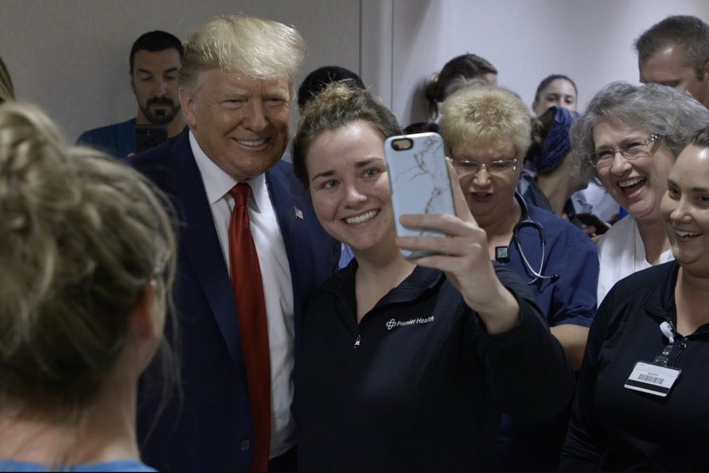 Scavino45's tweet image. President @realDonaldTrump with the incredible medical staff at Miami Valley Hospital in Dayton, Ohio today. Some extremely powerful moments throughout the entire visit, with so much enthusiasm and love, contrary to what the Trump Hating Dems would ever share or say.