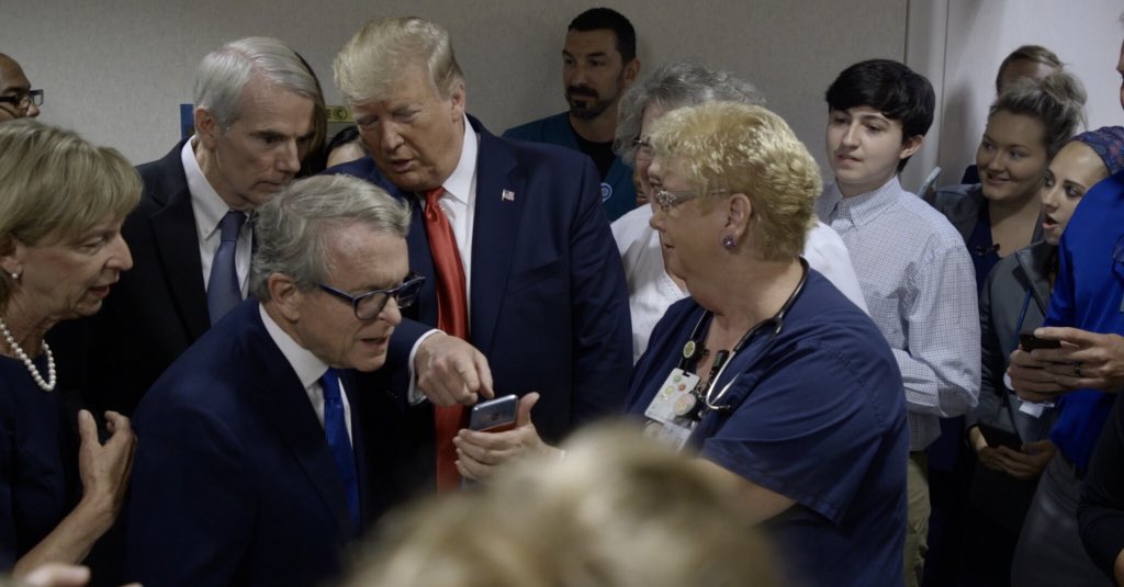 Scavino45's tweet image. President @realDonaldTrump with the incredible medical staff at Miami Valley Hospital in Dayton, Ohio today. Some extremely powerful moments throughout the entire visit, with so much enthusiasm and love, contrary to what the Trump Hating Dems would ever share or say.