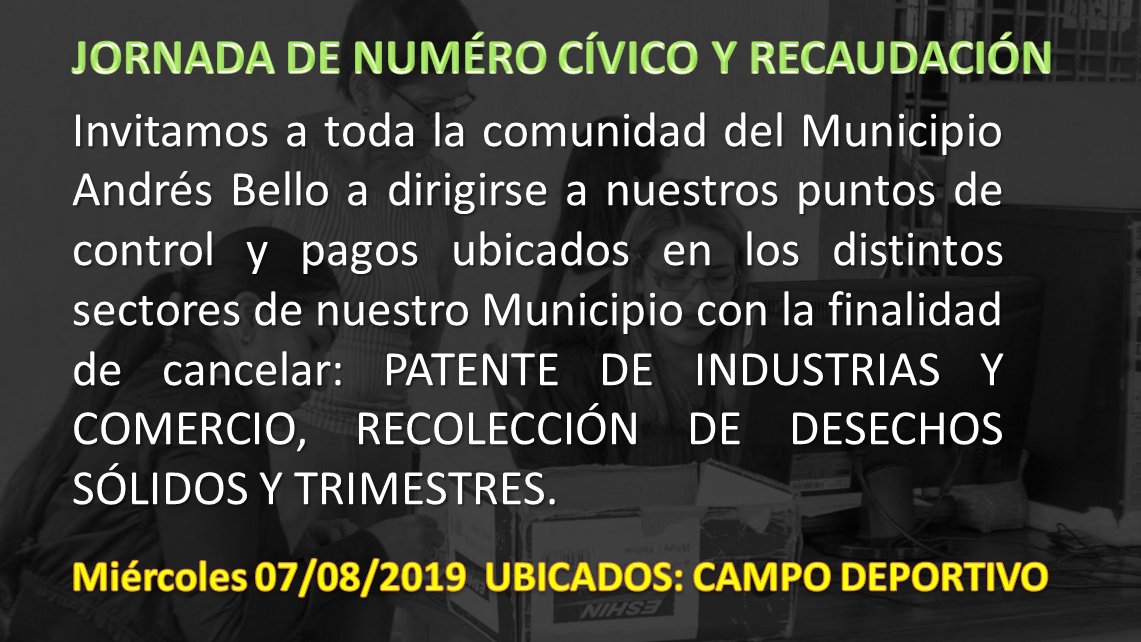 AlcaldiaABello's tweet photo. El día de hoy Miércoles 07/08/2019, continua nuestra Jornada de Número Cívico y Recaudación en el SECTOR DEL CAMPO DEPORTIVO de nuestro Municipio Andrés Bello. ¡ASISTE Y CANCELA!
#CORDEROLOMEJORDELTÁCHIRA
@LEONELALCALDE https://t.co/8L5QaVtU58
