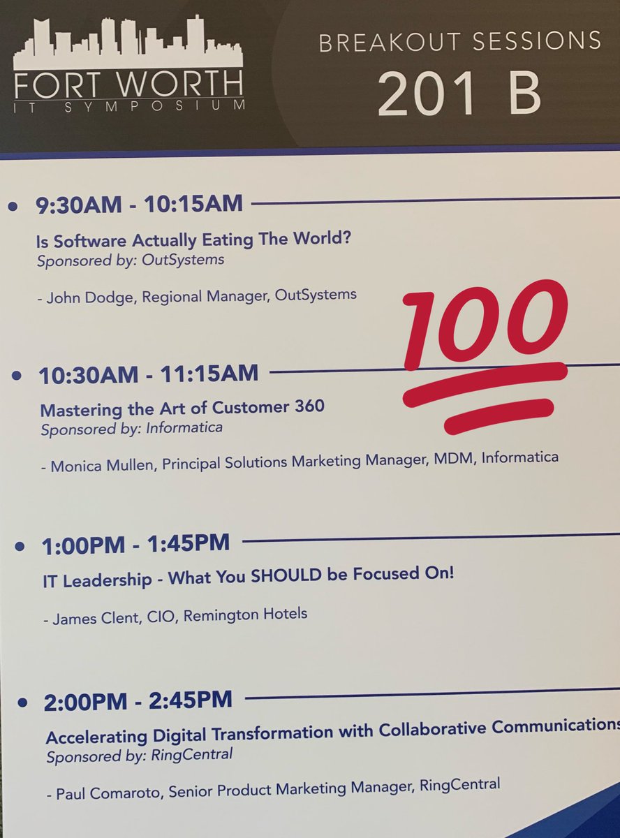 monica1mullen's tweet photo. Look at that!! Thrilled to be talking with #cio s today at #FWSYM about #Customer360 in the Data 3.0 era. https://t.co/I5NQYo71ot