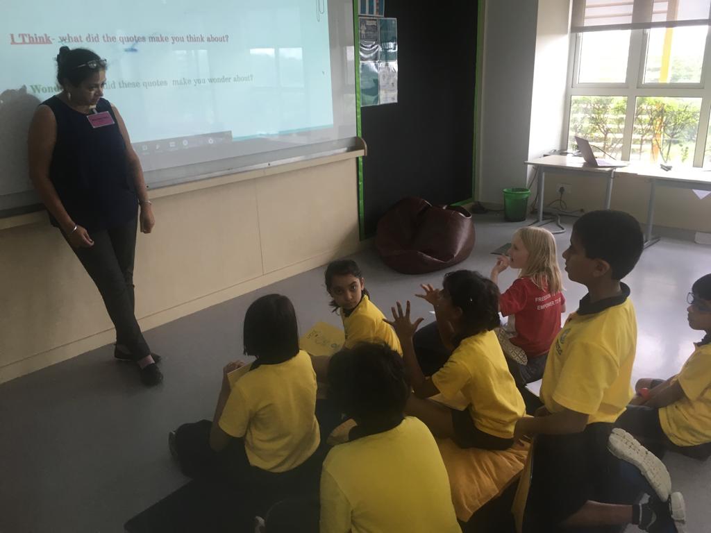krups_sussania's tweet photo. G3 Tuning In:Ss using Visual Thinking Routine:  I See, I Think, I Wonder on four different stations of pictures of people, inspirational quotes, videos and books #collaborativelearning #flexiblelearningspace.. at @ois_primary with@Pradnya6403 @tanviM15 @malvikabalchan1 @ibpyp https://t.co/B65MAZRX1d