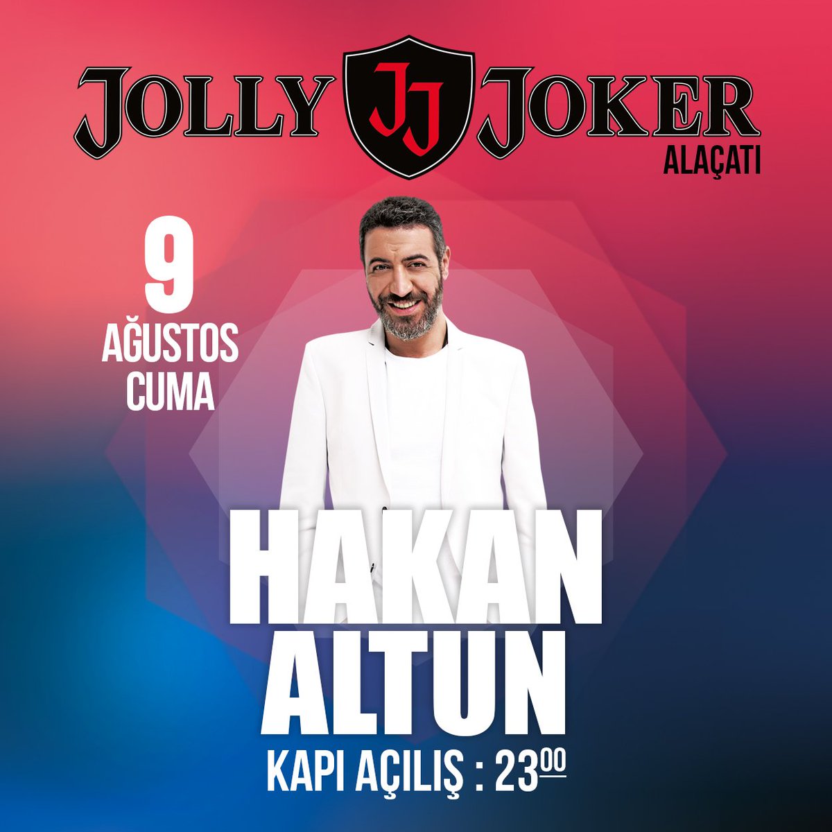 9 Ağustos Cuma <a href="/hakanaltunmusic/">Hakan Altun</a> <a href="/JJAlacati/">Jolly Joker Alaçatı</a> sahnesinde. Kapı açılışı 23:00 Bilgi için: +90 541 354 76 76 &amp; +90 543 354 76 76