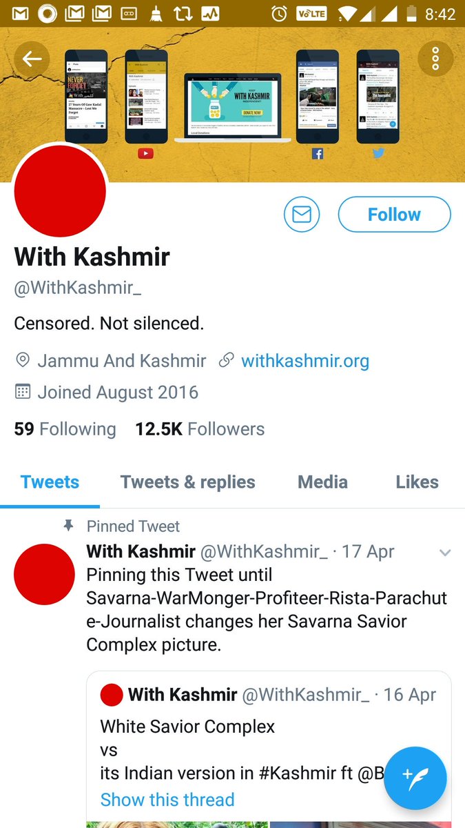madhukishwar's tweet photo. Look at this venomous Taquiyya practitioner. Proclaims @WithKashmir is "Censored, Not Silenced". If govt really decided to censor, you wouldn't be pouring venom on a daily basis. Neither would #JehadiMebooba or #PakPuppets in Hurriyat or NC https://t.co/ef49CBFb9M