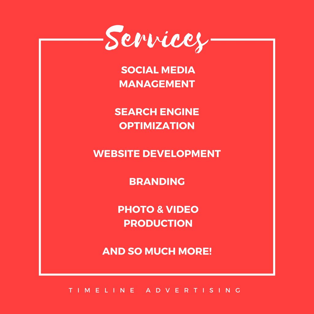 Timeline_ADs's tweet photo. Our full-service agency covers all your digital marketing needs. What area could your company use help in?
↡
𝙬𝙬𝙬.𝙏𝙞𝙢𝙚𝙡𝙞𝙣𝙚𝘼𝙙𝙫𝙚𝙧𝙩𝙞𝙨𝙞𝙣𝙜.𝙘𝙤𝙢
#TimelineAdvertising https://t.co/iMoT69raNr