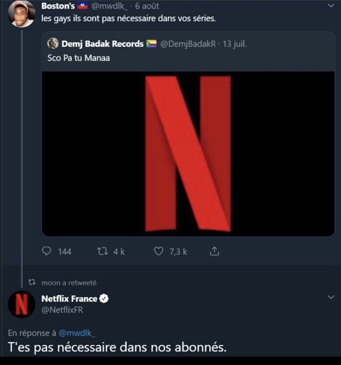 Quand un mec se plaint de la visibilité des #LGBT dans les séries

Magnifique réponse de <a href="/NetflixFR/">Netflix France</a> 

Je suis fan!