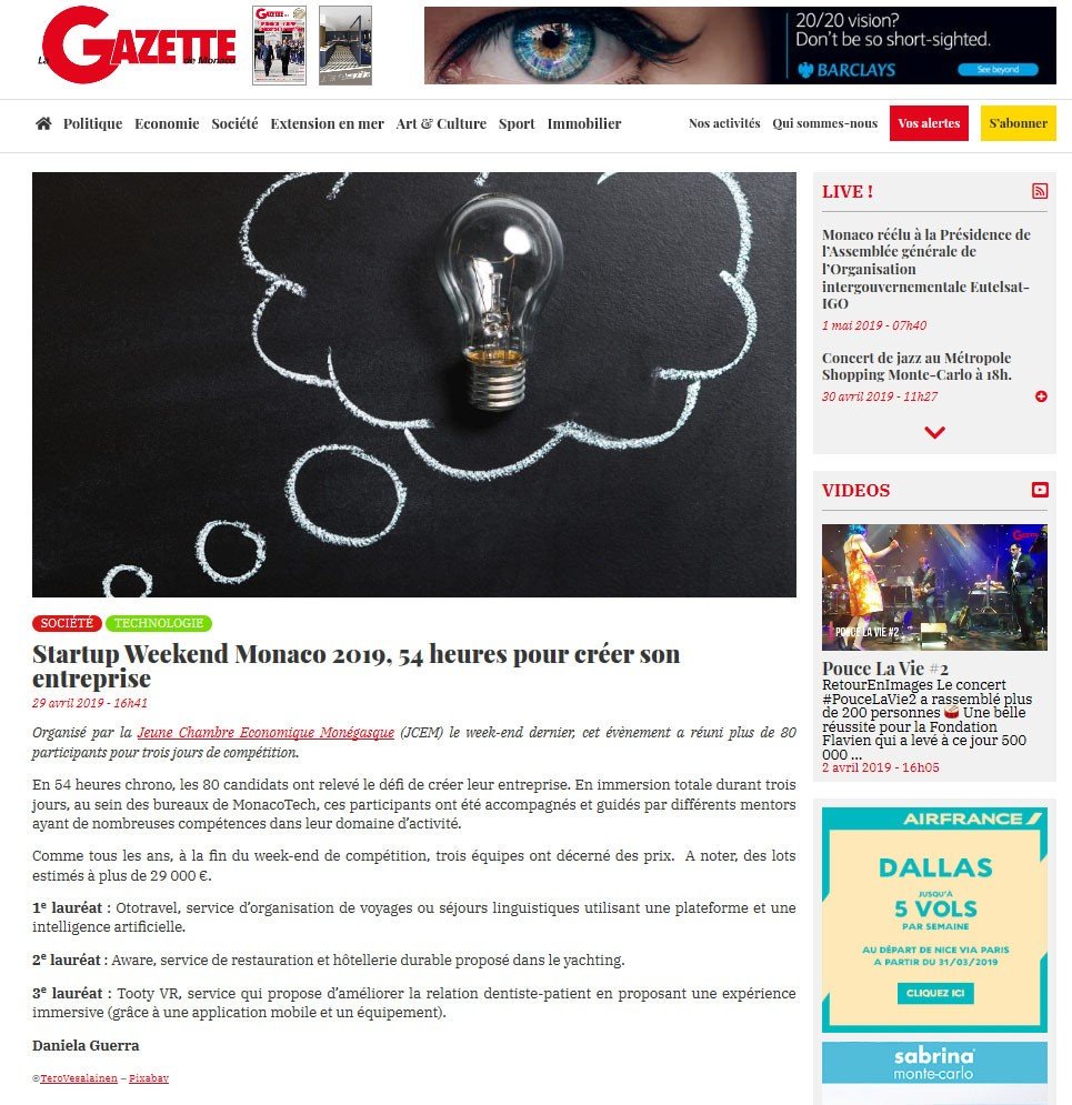 TootyVr's tweet photo. #tootyvr dans LA GAZETTE DE MONACO 29 AVRIL 2019 #startup weekend 2019 https://t.co/Y5baXtHULT