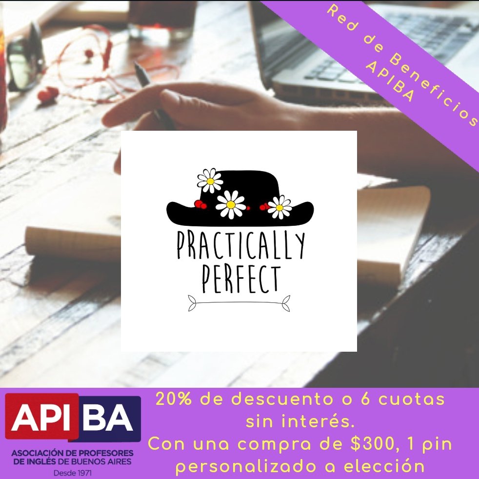 apiba's tweet photo. 👉🏻📣 #ReddeBeneficios #APIBA junto a Practically Perfect ✊🏻

💲 20% de descuento o 6 cuotas sin interés con cualquier tarjeta de crédito, y, con una compra de $300, 1 pin personalizado a elección para socios/as APIBA.

#English #teaching #teacher #learning #teachingresources https://t.co/Z9adenIRfB
