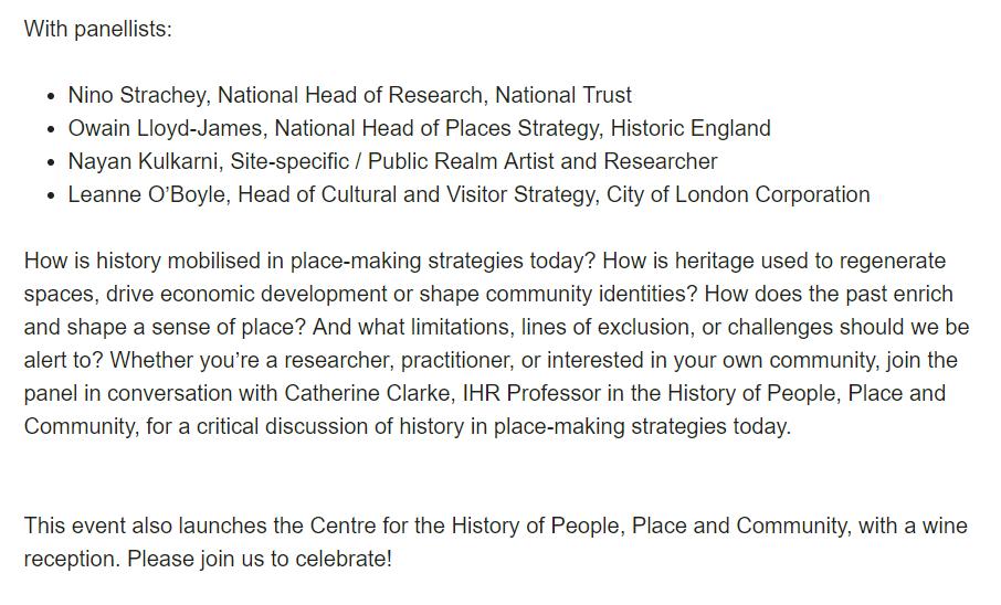 CHPPC_IHR's tweet photo. Free booking now open for our launch event on 25 Sept! History &amp; Place-Making: A Panel Discussion, with @NinoStrachey of @nationaltrust, @OwLJ1 of @HistoricEngland, @LeanneOBoyle of @visitthecity &amp; site-specific artist @nayantweets. Please join us - &amp; RT!  https://t.co/l416hOVcCK https://t.co/S3KilT8mBK