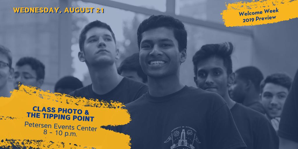 During Welcome Week, students create a memorable class photo. Following the class photo, they will attend the Tipping Point, a crucial event to help students transition to life on a college campus. #Pitt2023 #PittNow
