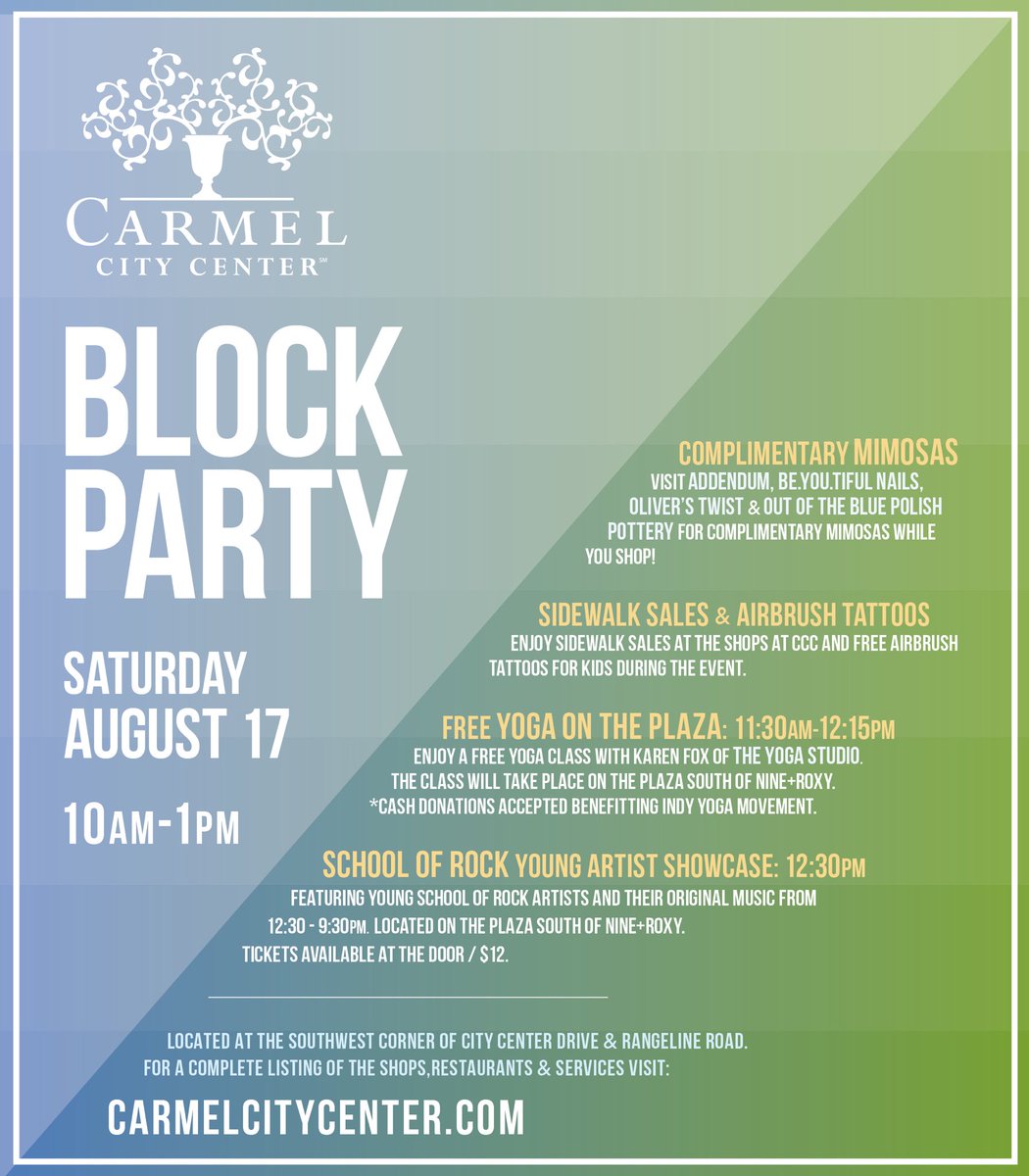 Join us Saturday, August 17 for a Summer Block Party on the Plaza! 🍊🍾Complimentary MIMOSAS while you shop at Addendum, Oliver’s Twist, Be.You.tiful NAILS and Out of the Blue Polish Pottery. FREE Yoga on the Plaza from 11:30am-12:15pm and more!